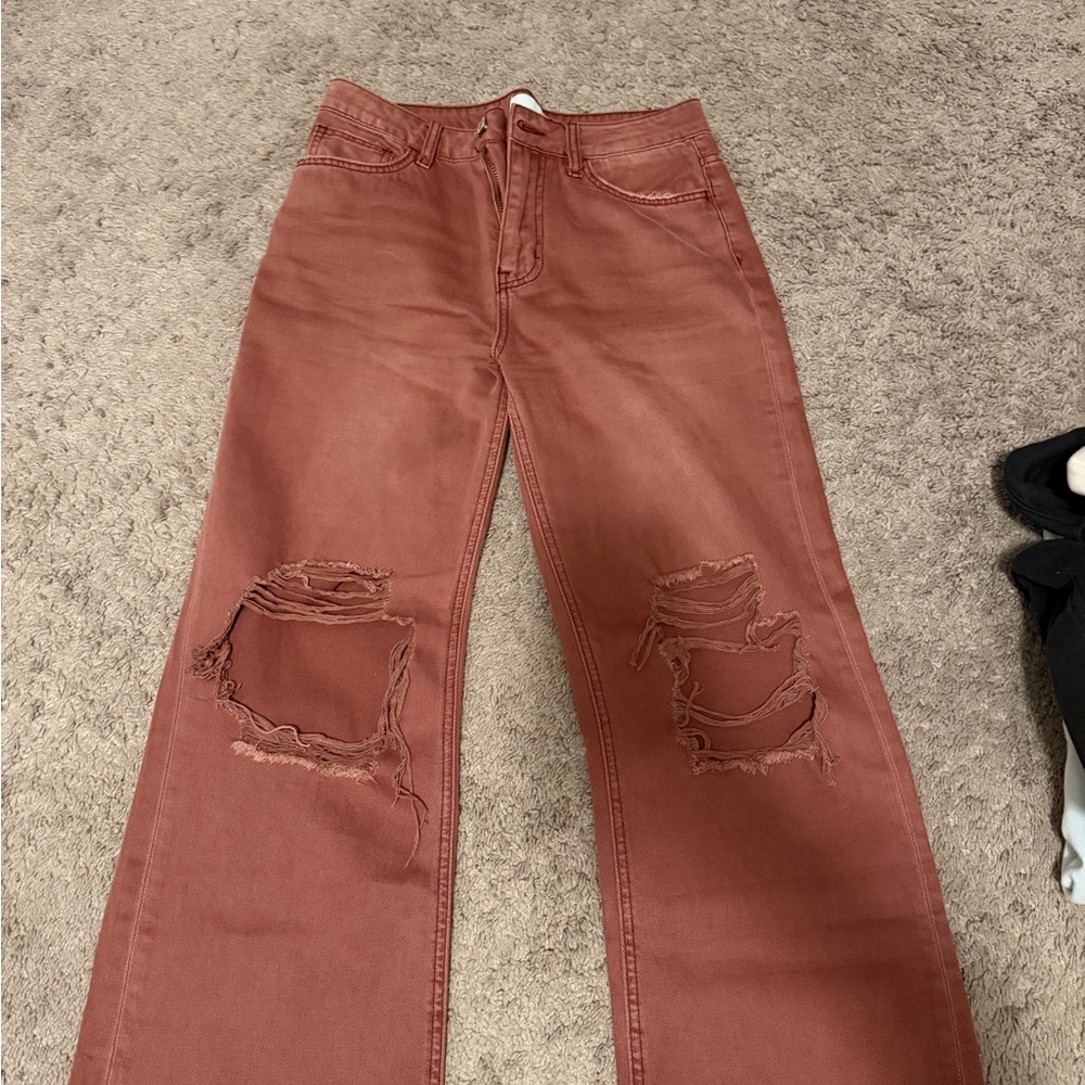 High-Rise Wide Leg Distressed Jeans in Rusty Red